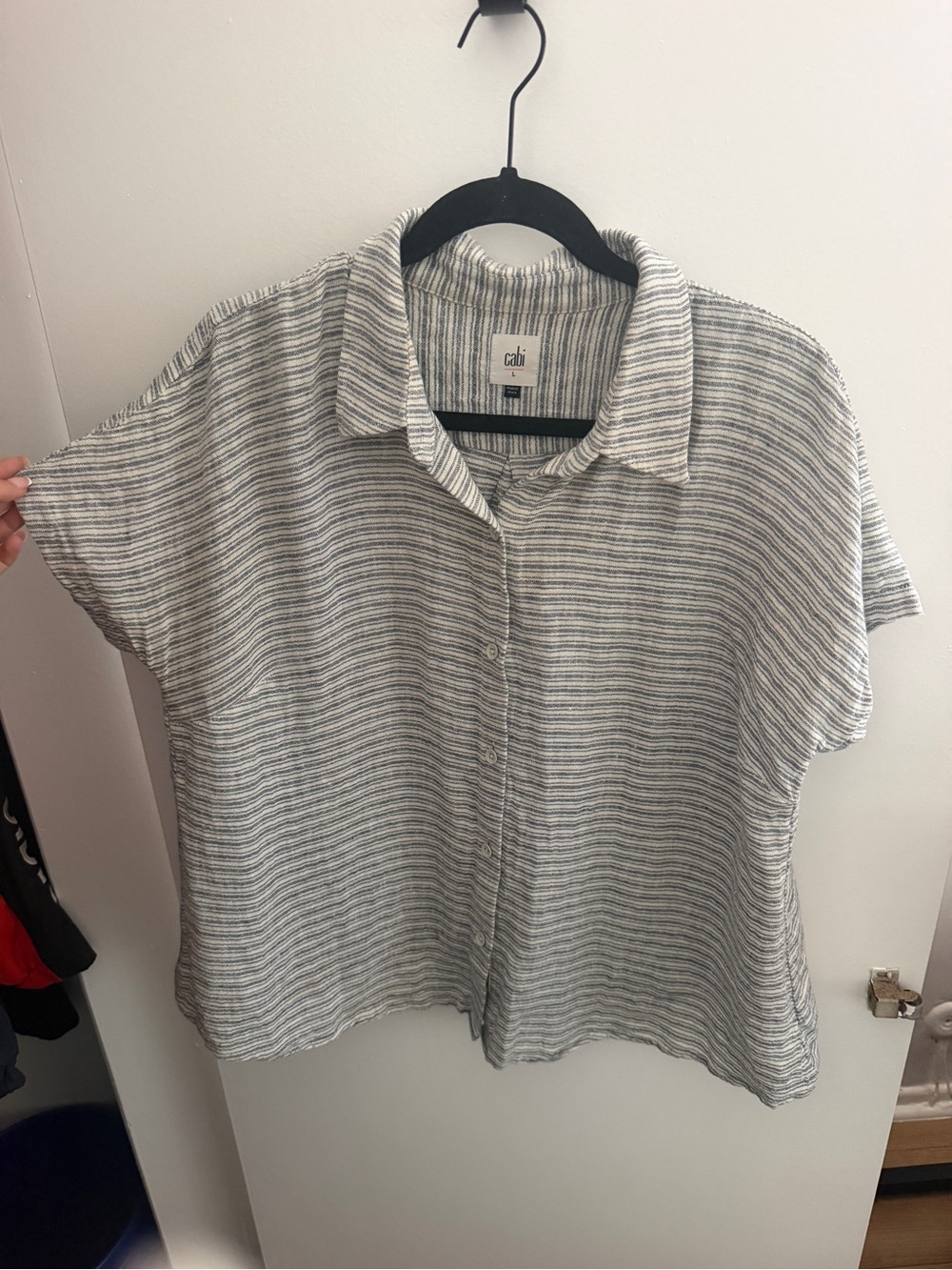 CAbi Gray and White Striped Short-Sleeve Button Front Top